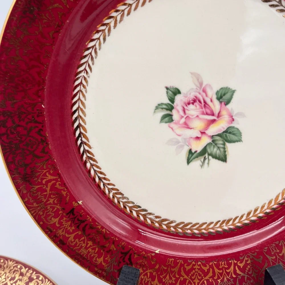 Homer Laughlin Lady Stratford Dessert Plates Set of 7 Maroon Gold Rose 7 1/8